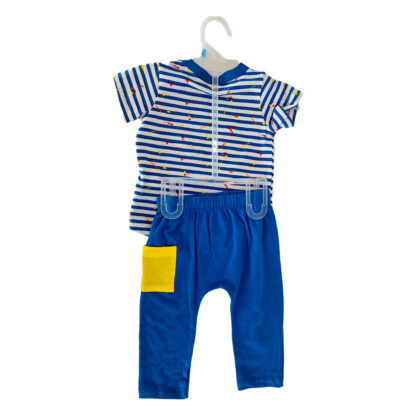 Conjunto de 2 piezas para bebé niño Puppy Co azul con rayas Incluye: Playera a rayas azul con blanco y pantalón Talla: 6 meses